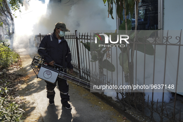 A Thai health officer sprays chemicals to kill mosquitos for the health precaution against dengue fever inside a community in Bangkok, Thail...