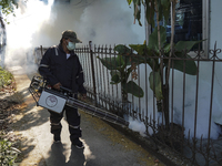 A Thai health officer sprays chemicals to kill mosquitos for the health precaution against dengue fever inside a community in Bangkok, Thail...