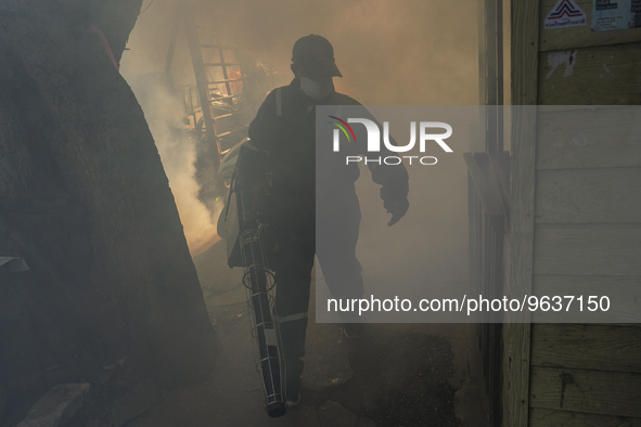 A Thai health officer sprays chemicals to kill mosquitos for the health precaution against dengue fever inside a community in Bangkok, Thail...