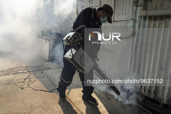 A Thai health officer sprays chemicals to kill mosquitos for the health precaution against dengue fever inside a community in Bangkok, Thail...