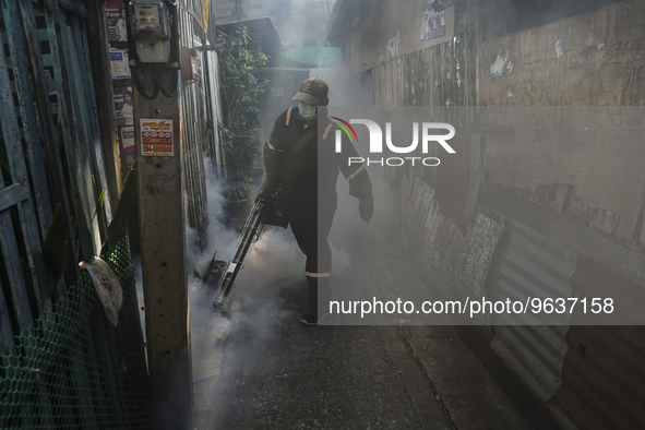 A Thai health officer sprays chemicals to kill mosquitos for the health precaution against dengue fever inside a community in Bangkok, Thail...