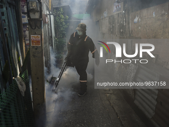 A Thai health officer sprays chemicals to kill mosquitos for the health precaution against dengue fever inside a community in Bangkok, Thail...