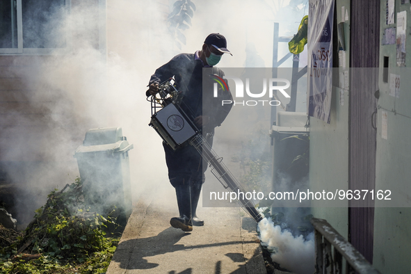 A Thai health officer sprays chemicals to kill mosquitos for the health precaution against dengue fever inside a community in Bangkok, Thail...