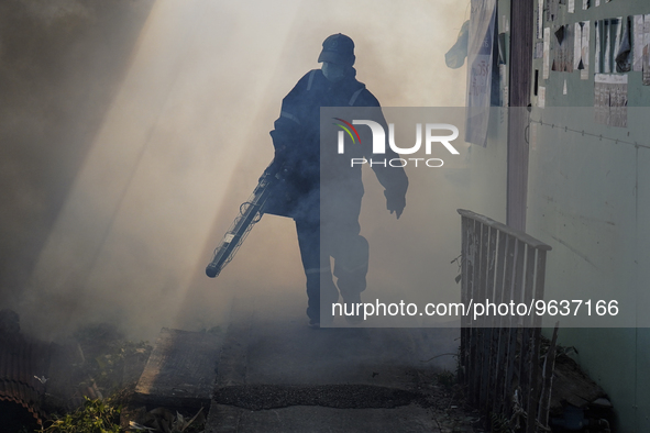 A Thai health officer sprays chemicals to kill mosquitos for the health precaution against dengue fever inside a community in Bangkok, Thail...