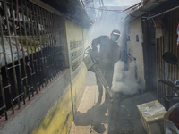 A Thai health officer sprays chemicals to kill mosquitos for the health precaution against dengue fever inside a community in Bangkok, Thail...