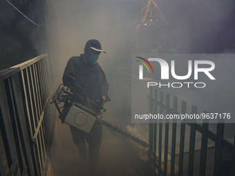 A Thai health officer sprays chemicals to kill mosquitos for the health precaution against dengue fever inside a community in Bangkok, Thail...