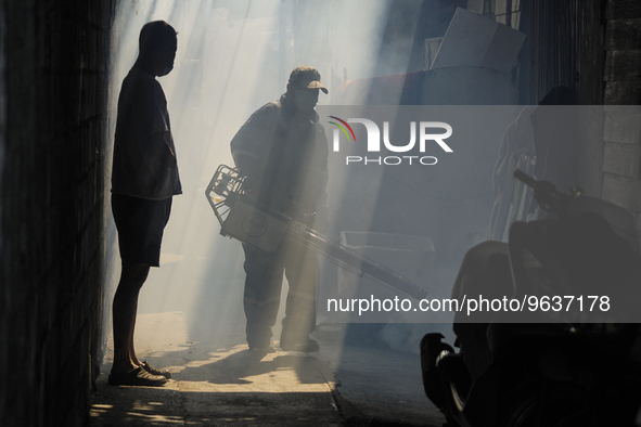 A Thai health officer sprays chemicals to kill mosquitos for the health precaution against dengue fever inside a community in Bangkok, Thail...