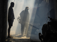 A Thai health officer sprays chemicals to kill mosquitos for the health precaution against dengue fever inside a community in Bangkok, Thail...