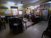 Worker walks through a deserted National Hospital Colombo as health workers hold a work strike in Colombo on March 01, 2022. Number of trade...