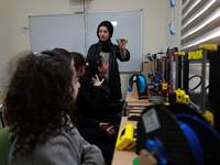 Palestinian female students in 3D Printing training at Spark for Innovation and Creativity. in Gaza City on February 28, 2023. 
 (