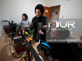 Palestinian female students in 3D Printing training at Spark for Innovation and Creativity. in Gaza City on February 28, 2023. 
 (