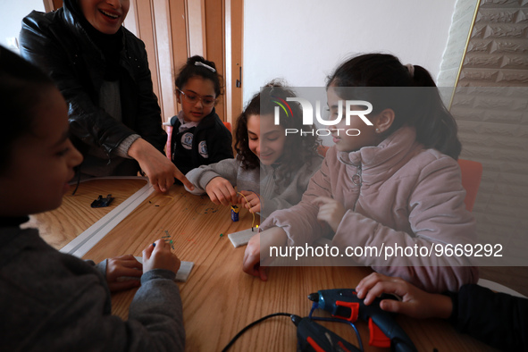 Palestinian female students in the Arduino Applications training at Spark for Innovation and Creativity. in Gaza City on February 28, 2023....