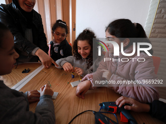 Palestinian female students in the Arduino Applications training at Spark for Innovation and Creativity. in Gaza City on February 28, 2023....