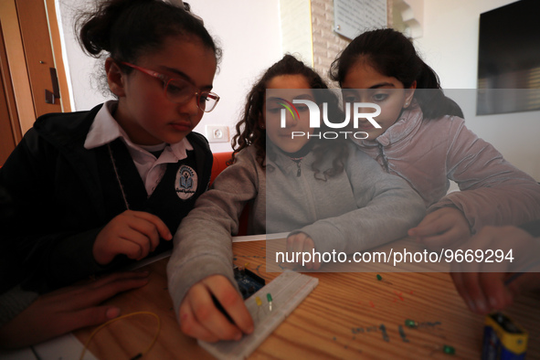 Palestinian female students in the Arduino Applications training at Spark for Innovation and Creativity. in Gaza City on February 28, 2023....