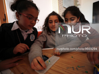 Palestinian female students in the Arduino Applications training at Spark for Innovation and Creativity. in Gaza City on February 28, 2023....