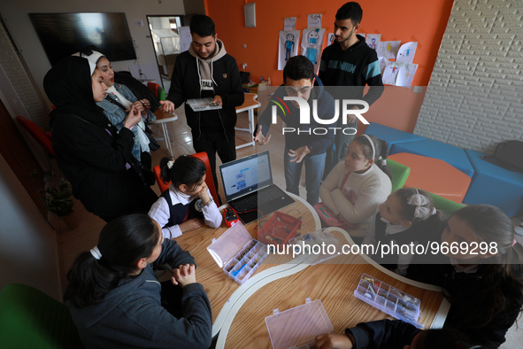 Palestinian female students in the Arduino Applications training at Spark for Innovation and Creativity. in Gaza City on February 28, 2023....