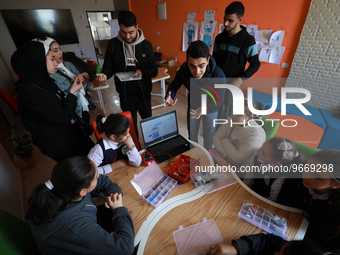 Palestinian female students in the Arduino Applications training at Spark for Innovation and Creativity. in Gaza City on February 28, 2023....