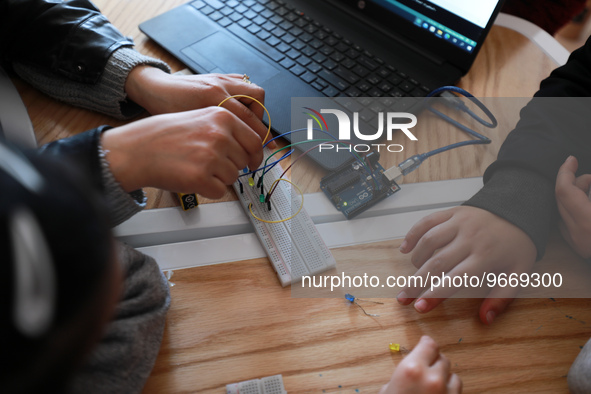 Palestinian female students in the Arduino Applications training at Spark for Innovation and Creativity. in Gaza City on February 28, 2023....