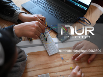 Palestinian female students in the Arduino Applications training at Spark for Innovation and Creativity. in Gaza City on February 28, 2023....