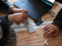 Palestinian female students in the Arduino Applications training at Spark for Innovation and Creativity. in Gaza City on February 28, 2023....