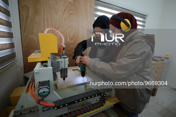 Palestinian female students in CNC Machinist Training at Spark for Innovation and Creativity. in Gaza City on February 28, 2023. 
 