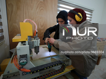 Palestinian female students in CNC Machinist Training at Spark for Innovation and Creativity. in Gaza City on February 28, 2023. 
 (