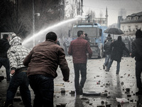 Violent clashes in Pristina on January 27, 2015. Several people were injured, including at least four police officers, when Kosovo police cl...