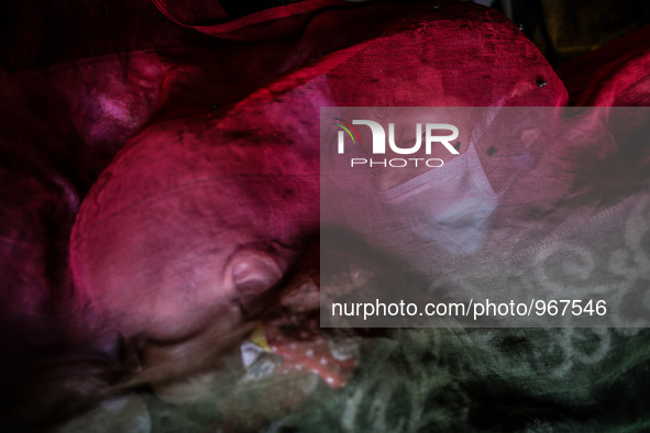 Kids are sleeping covered by mosquito net. Bhaktapur, Kathmandu, Nepal. May 3, 2015. The official death toll climbed to over 7,200, accordin...