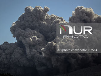 KARO, INDONESIA - JUNE 29: A volcanic plume forms as Mount Sinabung undergoes a volcanic spew on June 29, 2015 in Karo, Indonesia. Over 10,0...