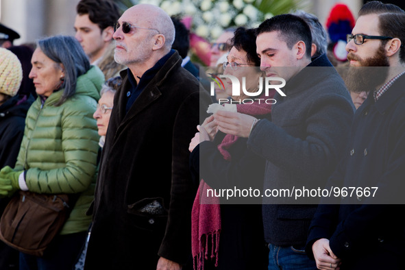 (Fom L) The parents of Valeria Solesin, Alberto and Luciana, her brother Dario and companion Andrea Ravagnani stand in front of the coffin o...