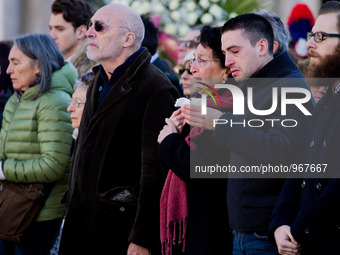 (Fom L) The parents of Valeria Solesin, Alberto and Luciana, her brother Dario and companion Andrea Ravagnani stand in front of the coffin o...