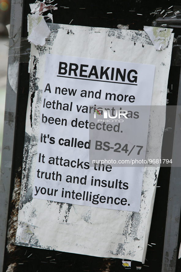 Sign hinting that the COVID-19 pandemic is a hoax in Toronto, Ontario, Canada on February 19, 2023. The federal government announced that is...