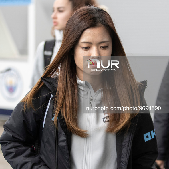 Yui Hasegawa #25 of Manchester City arriving at The Academy Stadium during the Barclays FA Women's Super League match between Manchester Cit...