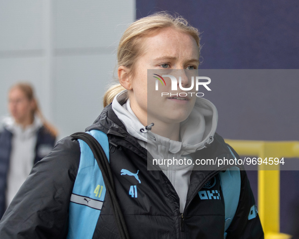 Julie Blakstad #41 of Manchester City  arriving at The Academy Stadium  during the Barclays FA Women's Super League match between Manchester...