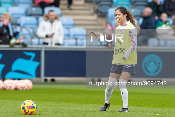 Yui Hasegawa #25 of Manchester City warms up during the Barclays FA Women's Super League match between Manchester City and Tottenham Hotspur...