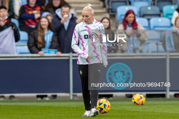 Alex Greenwood #5 of Manchester City warms up during the Barclays FA Women's Super League match between Manchester City and Tottenham Hotspu...