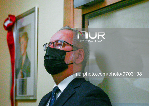 Minister of Health, Adam Niedzielski, weaing a face mask, is seen during the opening of the new neonatal ward at the Gynecology and Obstetri...