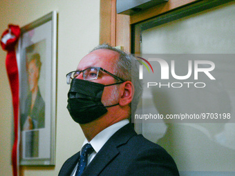 Minister of Health, Adam Niedzielski, weaing a face mask, is seen during the opening of the new neonatal ward at the Gynecology and Obstetri...