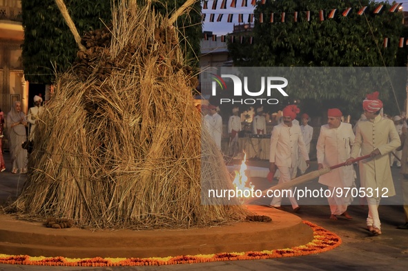 Titular Maharaja of Jaipur Padmanabh Singh performs rituals during 'Holika Dahan', at City Palace in Jaipur, Rajasthan,India, Monday, March...