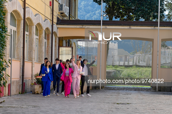 Fifth grade students in the centre of Rieti, to celebrate 100 days to the baccalaureate exams on 13 March 2023.  