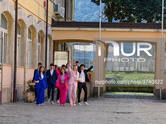 Fifth grade students in the centre of Rieti, to celebrate 100 days to the baccalaureate exams on 13 March 2023.  (