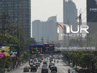 Heavy air pollution of fine particulate matter (PM2.5) shrouds a street in Bangkok, Thailand, 14 March 2023. Severe air pollution, mainly ca...