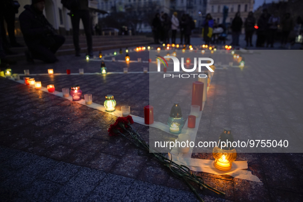 People put up the inscription ''CHILDREN'' during a commemoration of the victims at the Mariupol Drama Theater. Such an inscription was made...