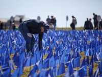 A man places flags at a visual exhibit organized by the Fight Colorectal Cancer organization on the National Mall in Washington, D.C. on Mar...