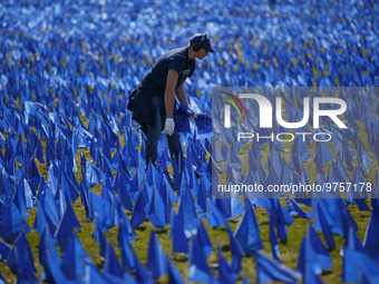 A man places flags at a visual exhibit organized by the Fight Colorectal Cancer organization on the National Mall in Washington, D.C. on Mar...