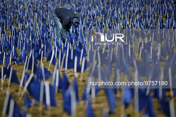 A man places flags at a visual exhibit organized by the Fight Colorectal Cancer organization on the National Mall in Washington, D.C. on Mar...