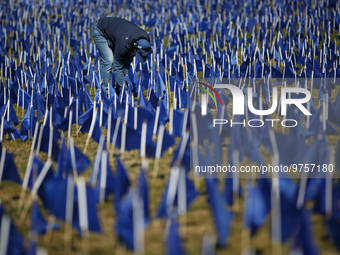 A man places flags at a visual exhibit organized by the Fight Colorectal Cancer organization on the National Mall in Washington, D.C. on Mar...