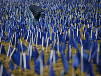 A man places flags at a visual exhibit organized by the Fight Colorectal Cancer organization on the National Mall in Washington, D.C. on Mar...