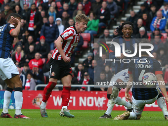 Sunderland's Joe Gelhardt shoots at goal during the Sky Bet Championship match between Sunderland and Luton Town at the Stadium Of Light, Su...