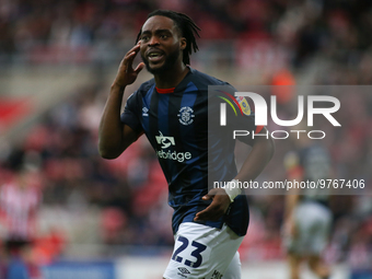 Luton Town's Fred Onyedinma appeals to the lines person during the Sky Bet Championship match between Sunderland and Luton Town at the Stadi...